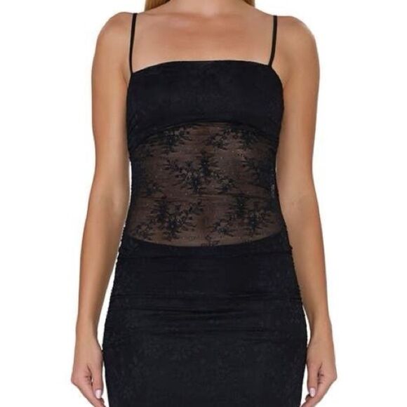 AFRM Jennan Ruched Black Floral Lace Sheer Detail Whimsigoth Dress Large NEW - Picture 14 of 14